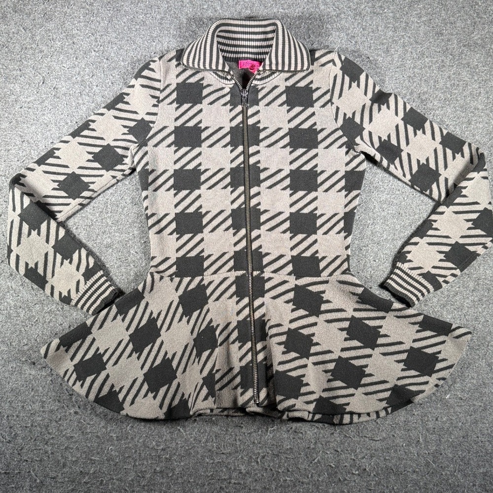 Betsey Johnson Grey Black Houndstooth Peplum Full Zip Cotton Sweater Medium